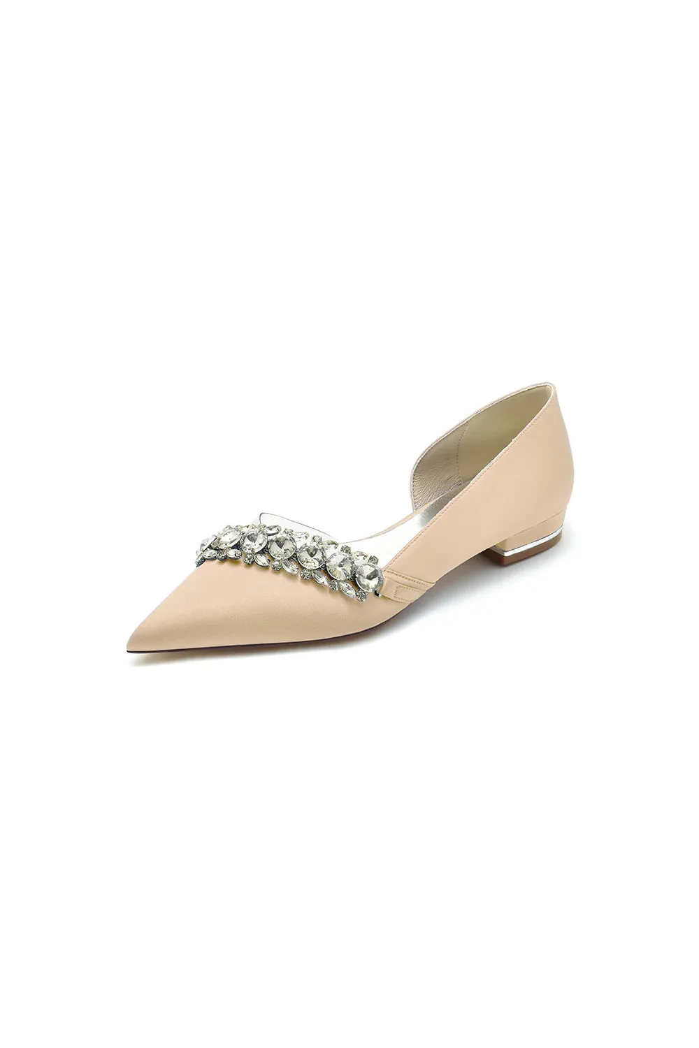 Pointed Toe Slip-on Satin Low Heels With Rhinestone