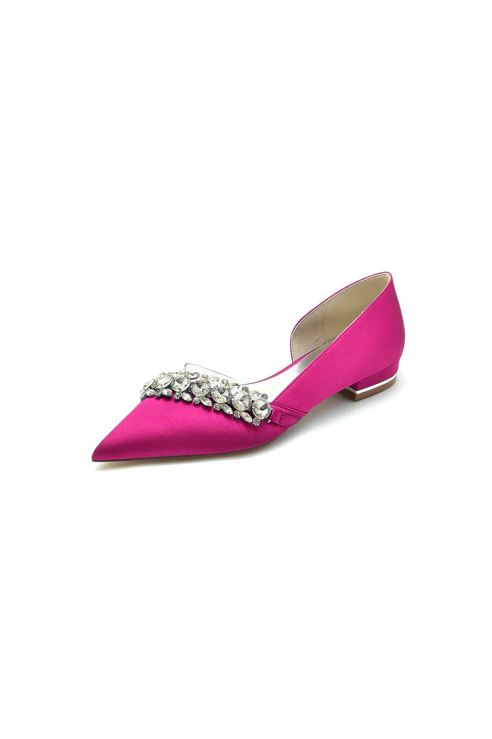 Pointed Toe Slip-on Satin Low Heels With Rhinestone