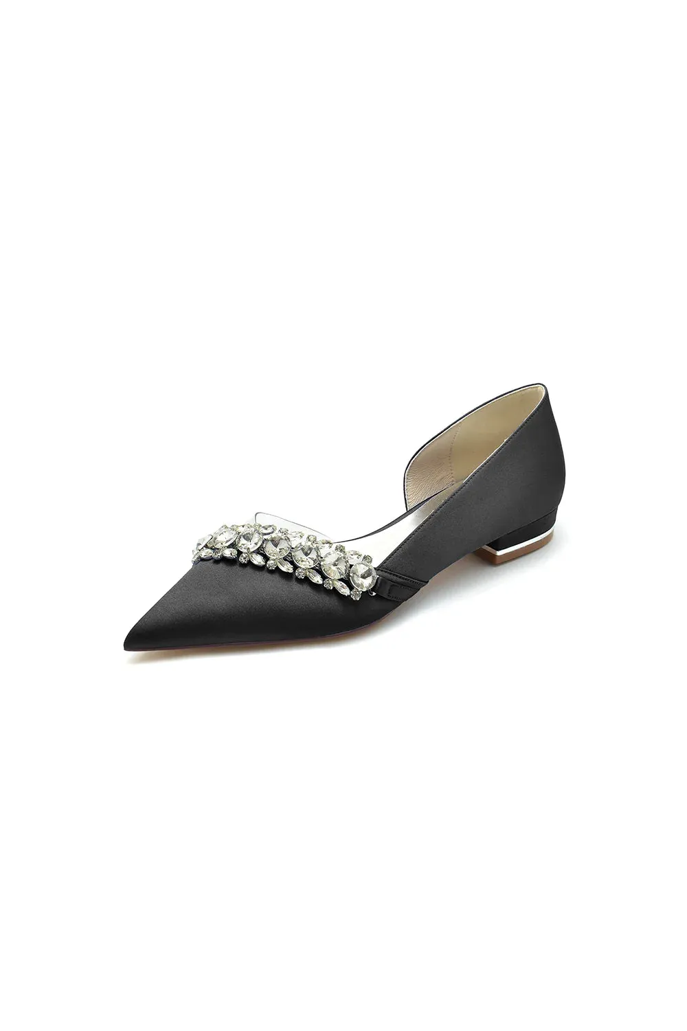Pointed Toe Slip-on Satin Low Heels With Rhinestone