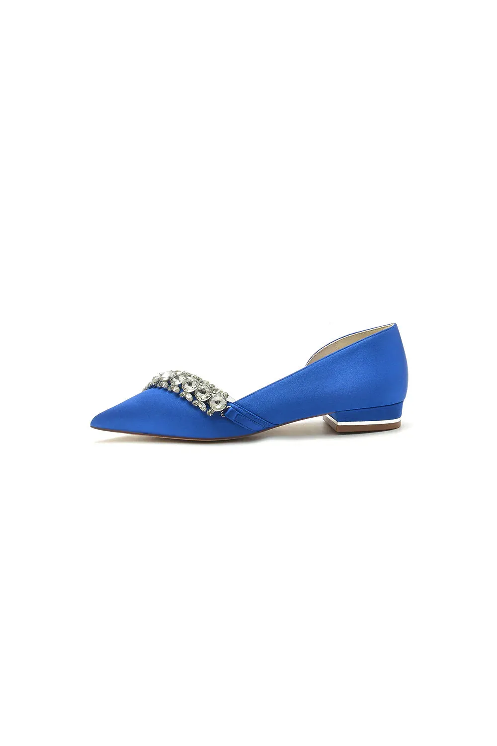 Pointed Toe Slip-on Satin Low Heels With Rhinestone