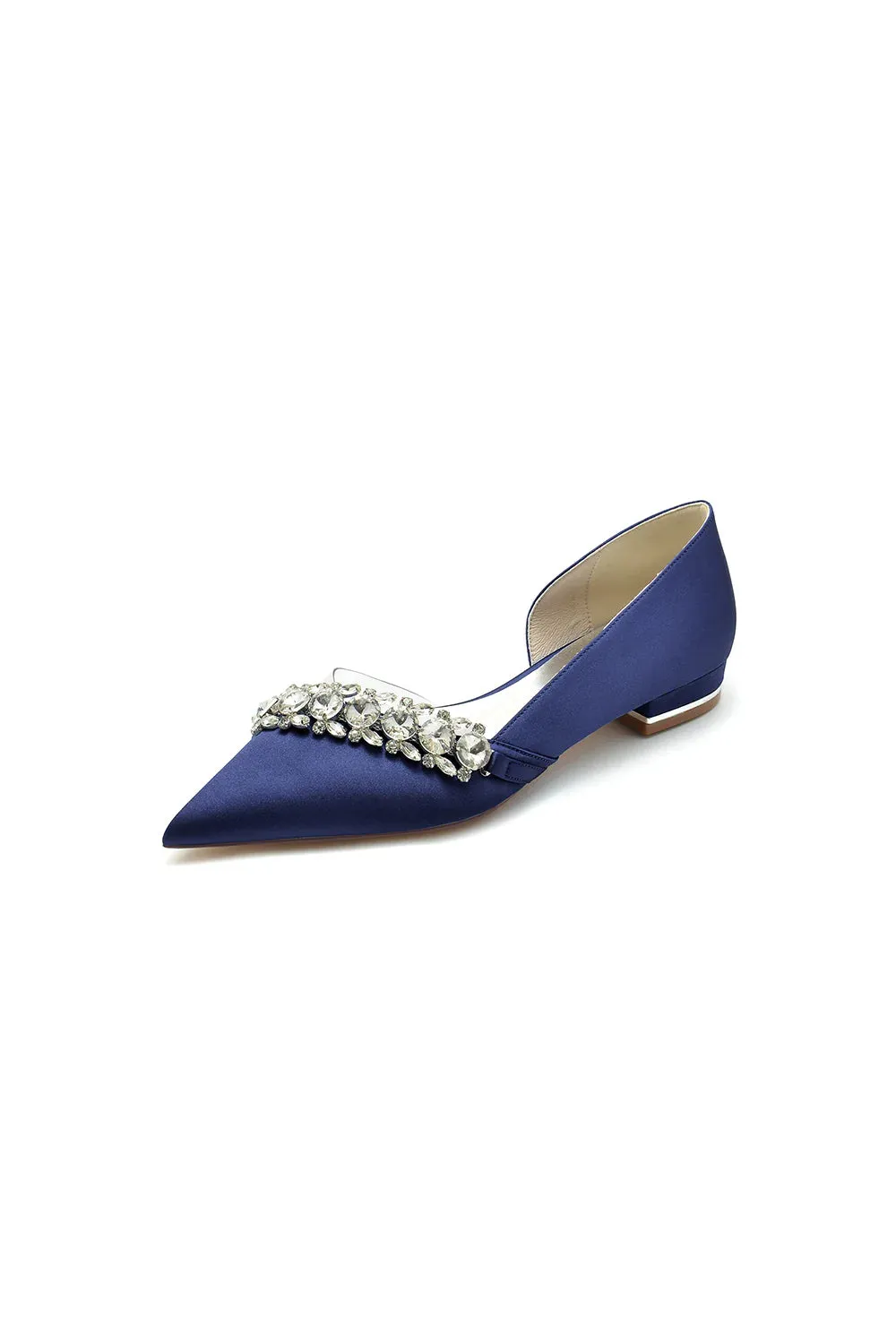 Pointed Toe Slip-on Satin Low Heels With Rhinestone