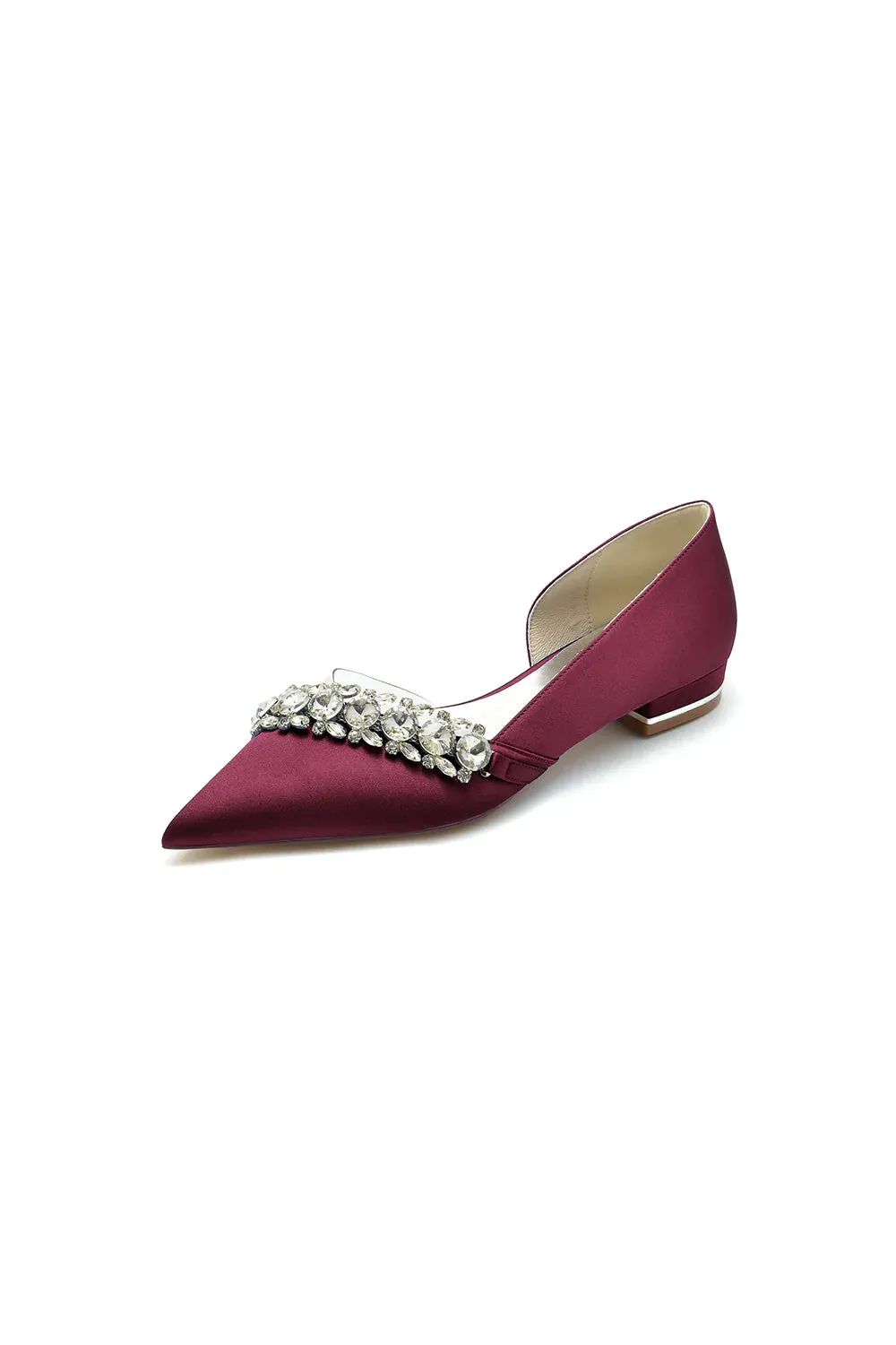 Pointed Toe Slip-on Satin Low Heels With Rhinestone