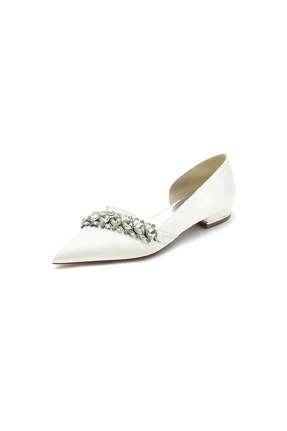 Pointed Toe Slip-on Satin Low Heels With Rhinestone