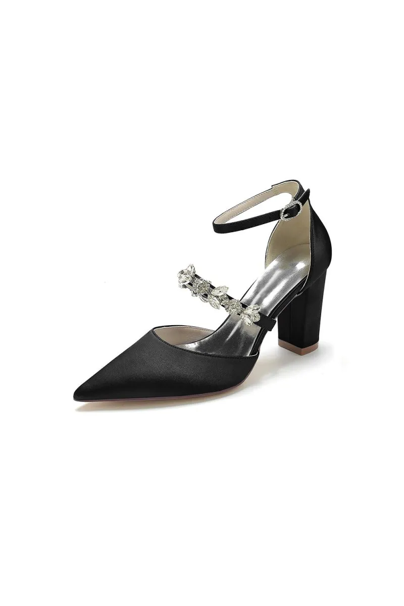 Satin Pointed Toe Rhinestone Strappy Chunky Heels
