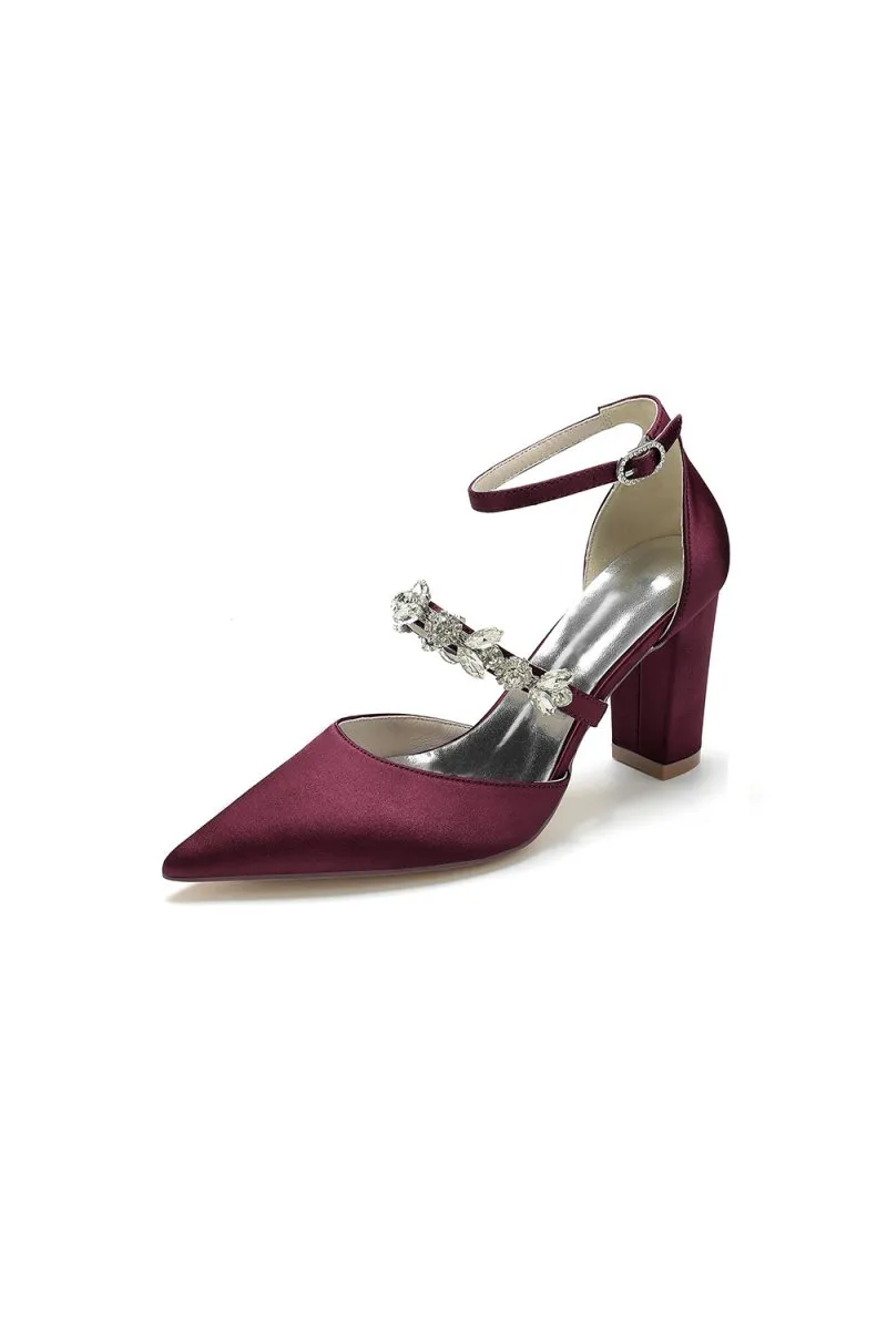 Satin Pointed Toe Rhinestone Strappy Chunky Heels