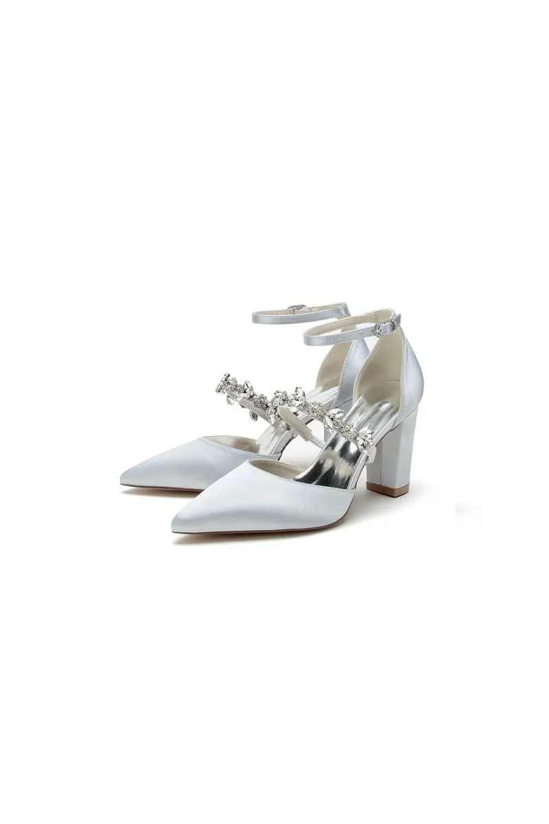 Satin Pointed Toe Rhinestone Strappy Chunky Heels