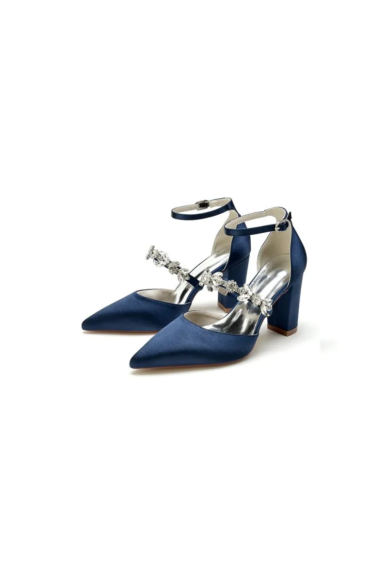 Satin Pointed Toe Rhinestone Strappy Chunky Heels