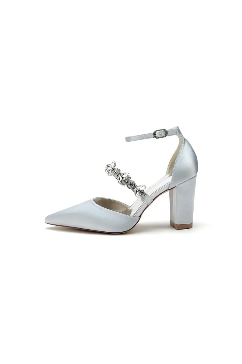 Satin Pointed Toe Rhinestone Strappy Chunky Heels