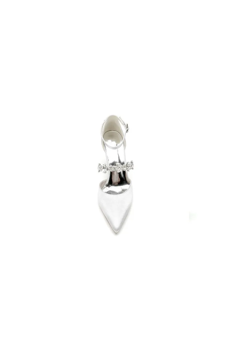 Satin Pointed Toe Rhinestone Strappy Chunky Heels