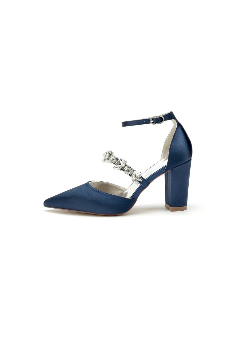 Satin Pointed Toe Rhinestone Strappy Chunky Heels