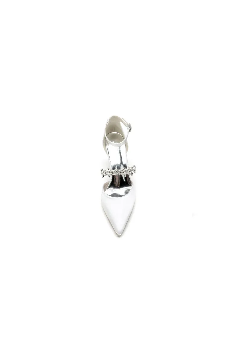 Satin Pointed Toe Rhinestone Strappy Chunky Heels