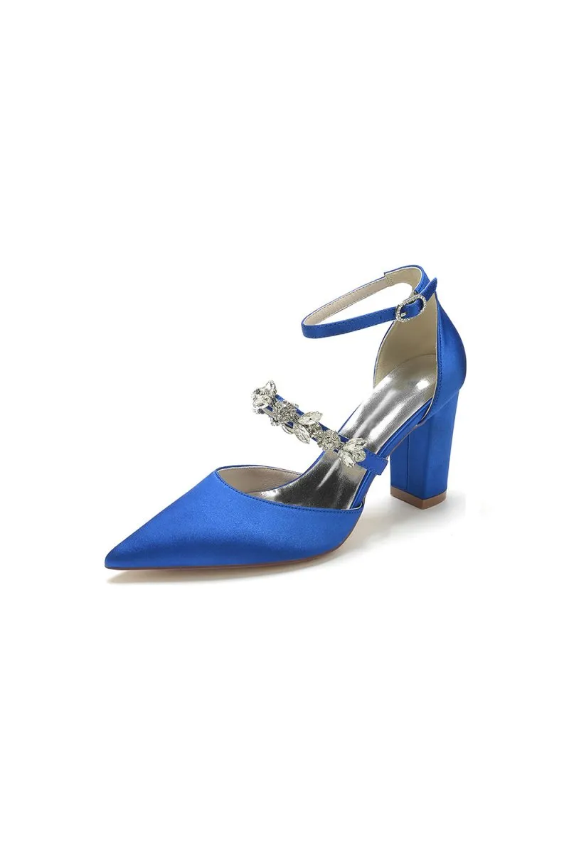 Satin Pointed Toe Rhinestone Strappy Chunky Heels