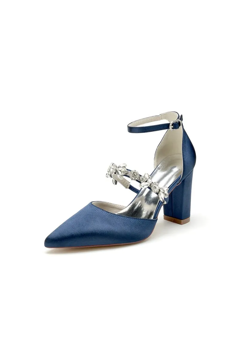 Satin Pointed Toe Rhinestone Strappy Chunky Heels