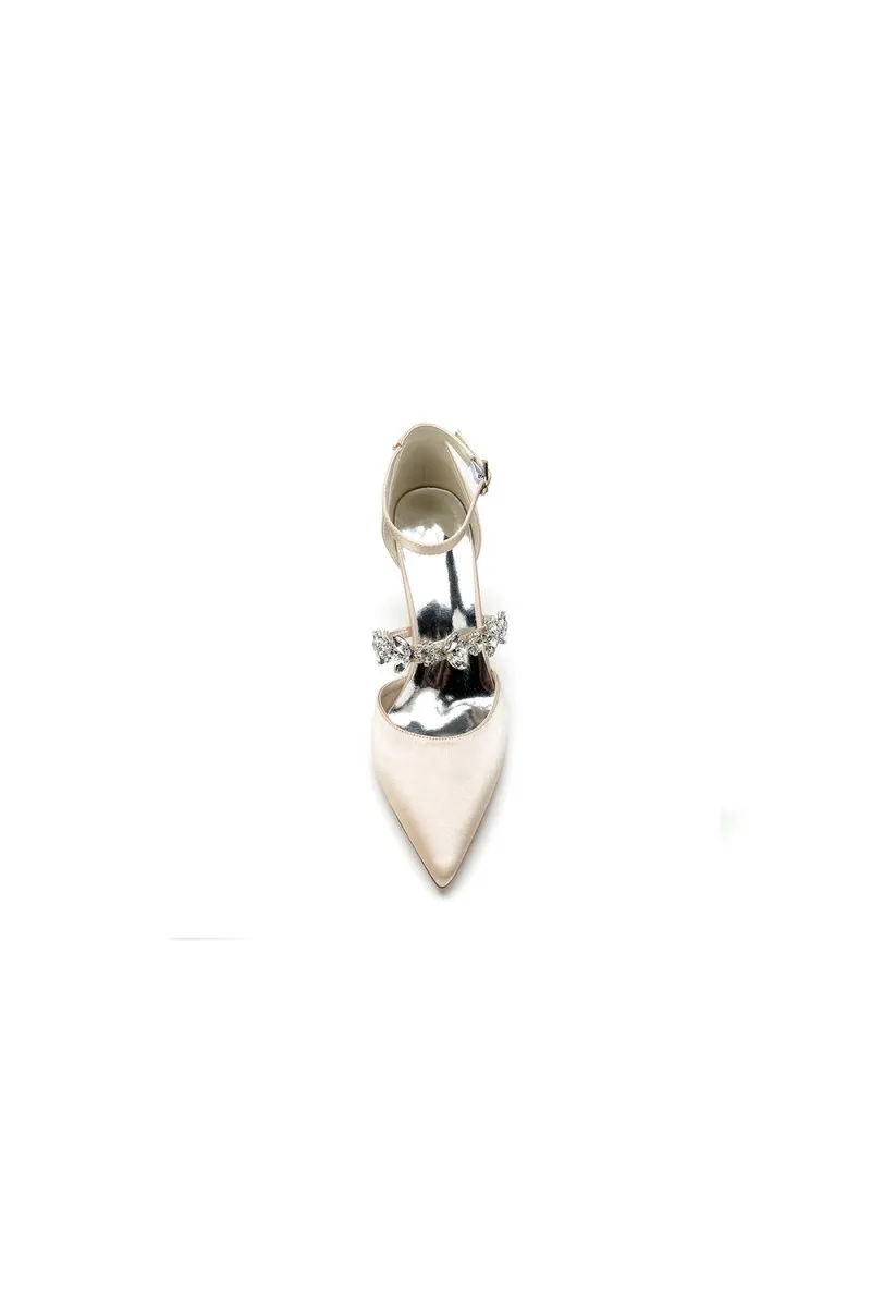 Satin Pointed Toe Rhinestone Strappy Chunky Heels