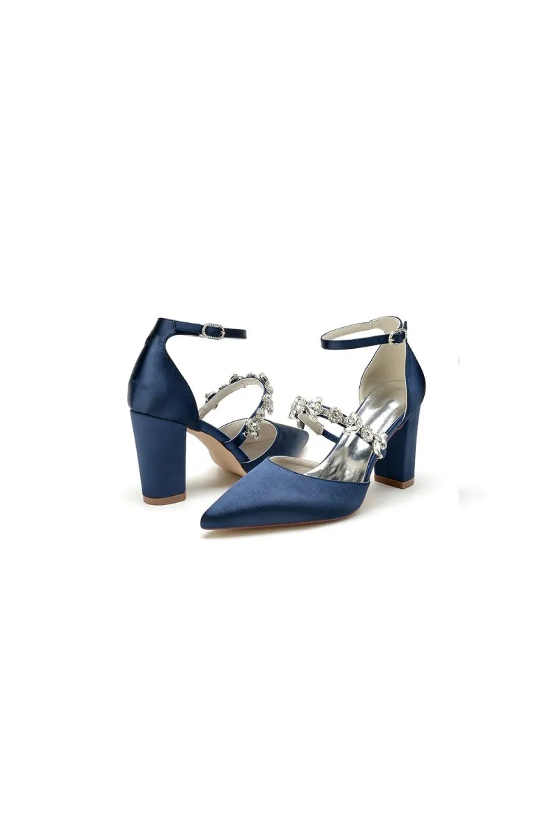 Satin Pointed Toe Rhinestone Strappy Chunky Heels