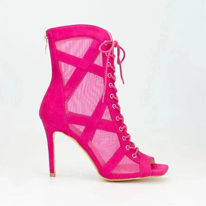 Sexy Mesh Lacing Open Toe High Heel Large Fish Mouth Short Cool Boots