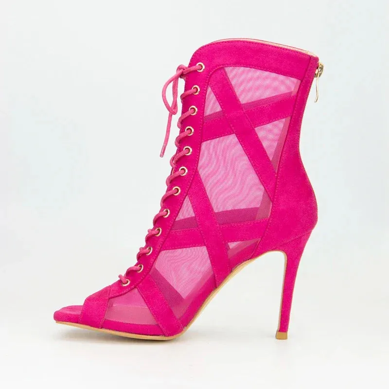 Sexy Mesh Lacing Open Toe High Heel Large Fish Mouth Short Cool Boots