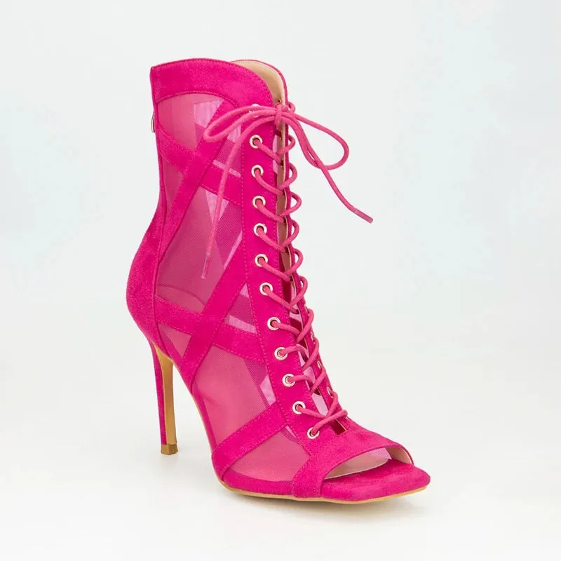 Sexy Mesh Lacing Open Toe High Heel Large Fish Mouth Short Cool Boots