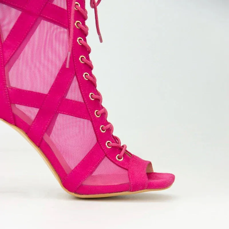 Sexy Mesh Lacing Open Toe High Heel Large Fish Mouth Short Cool Boots