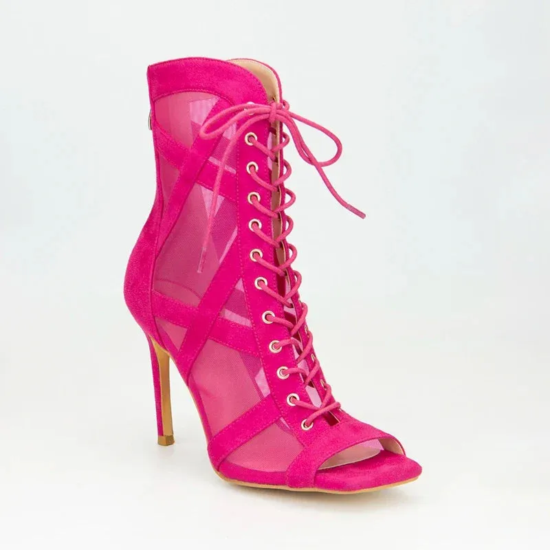 Sexy Mesh Lacing Open Toe High Heel Large Fish Mouth Short Cool Boots