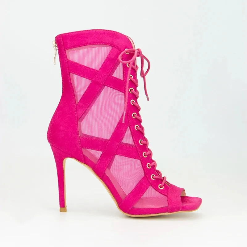 Sexy Mesh Lacing Open Toe High Heel Large Fish Mouth Short Cool Boots