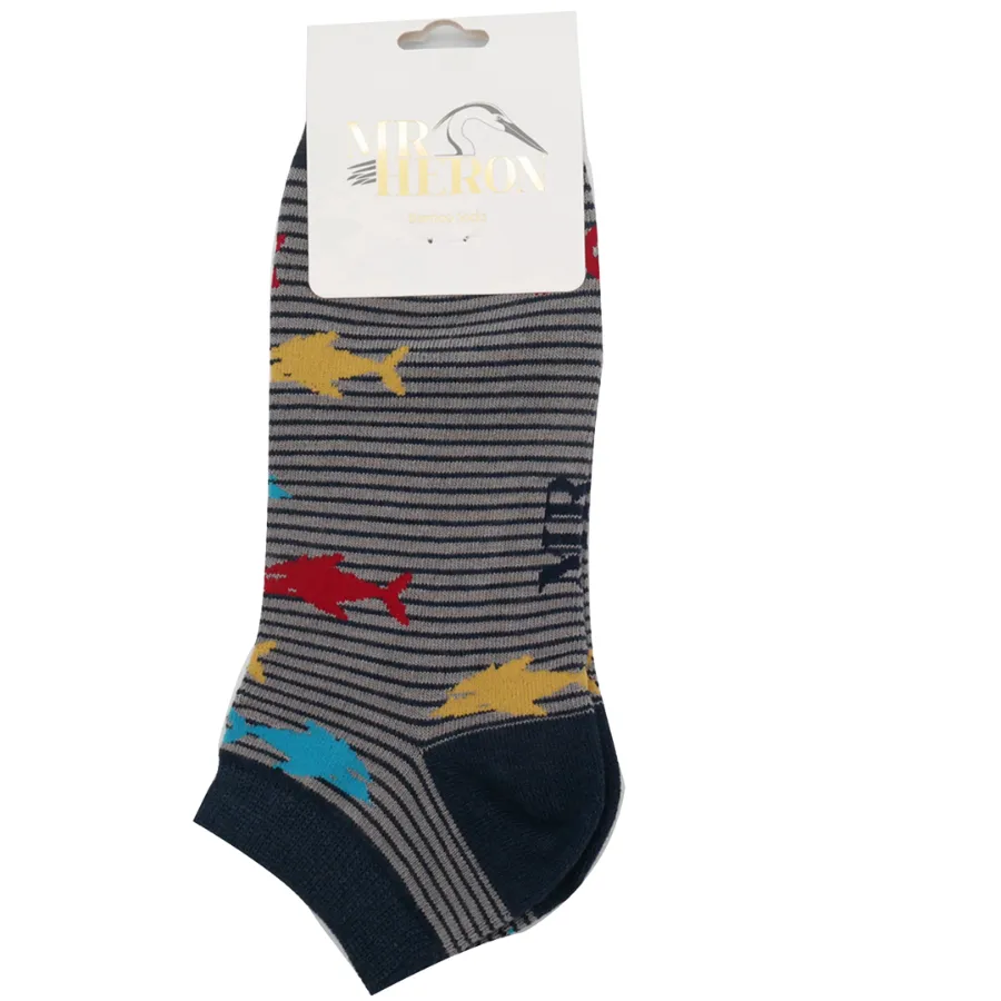 Sharks Bamboo Trainer Socks in Grey by Mr Heron, Size UK 7-11