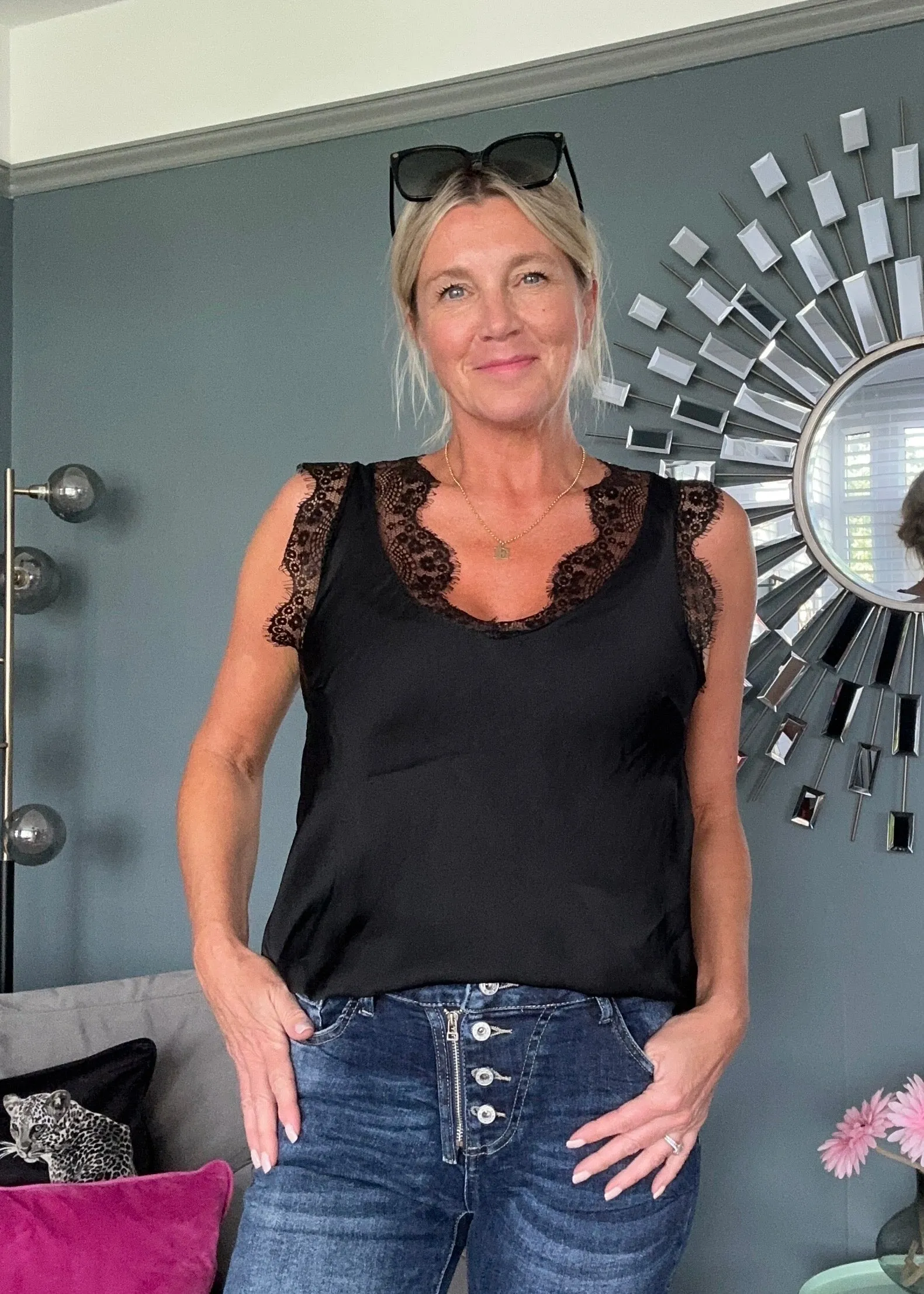 Silver/Grey Satin/Lace V Neck Top