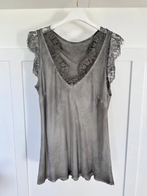 Silver/Grey Satin/Lace V Neck Top
