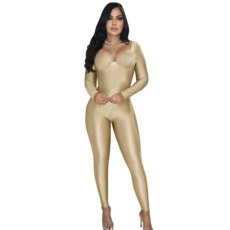 Sleek Long-Sleeve Sweetheart Neckline Bodycon Jumpsuit for Effortless Chic