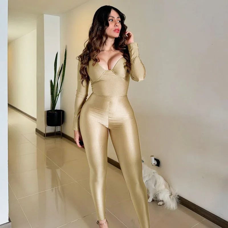 Sleek Long-Sleeve Sweetheart Neckline Bodycon Jumpsuit for Effortless Chic