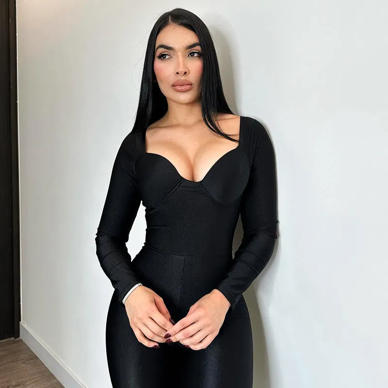 Sleek Long-Sleeve Sweetheart Neckline Bodycon Jumpsuit for Effortless Chic