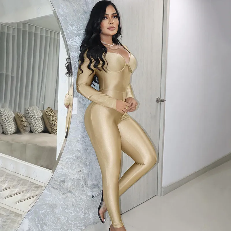 Sleek Long-Sleeve Sweetheart Neckline Bodycon Jumpsuit for Effortless Chic