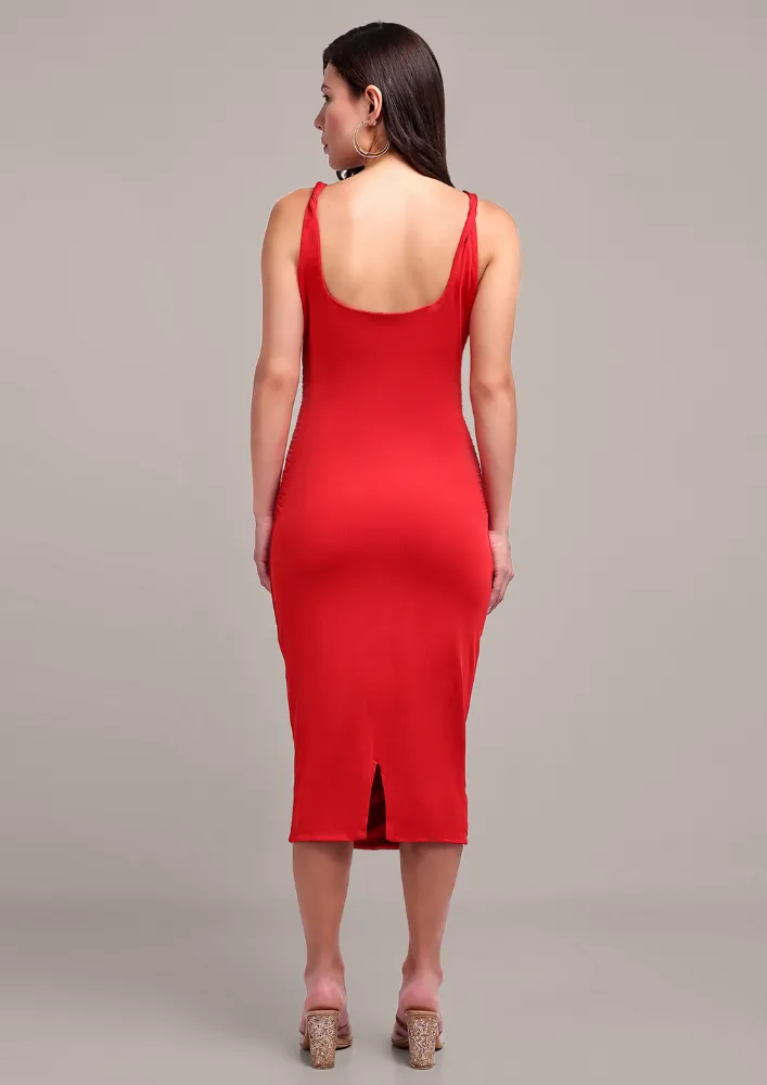 Sleek Red Body-Fitted Midi Dress