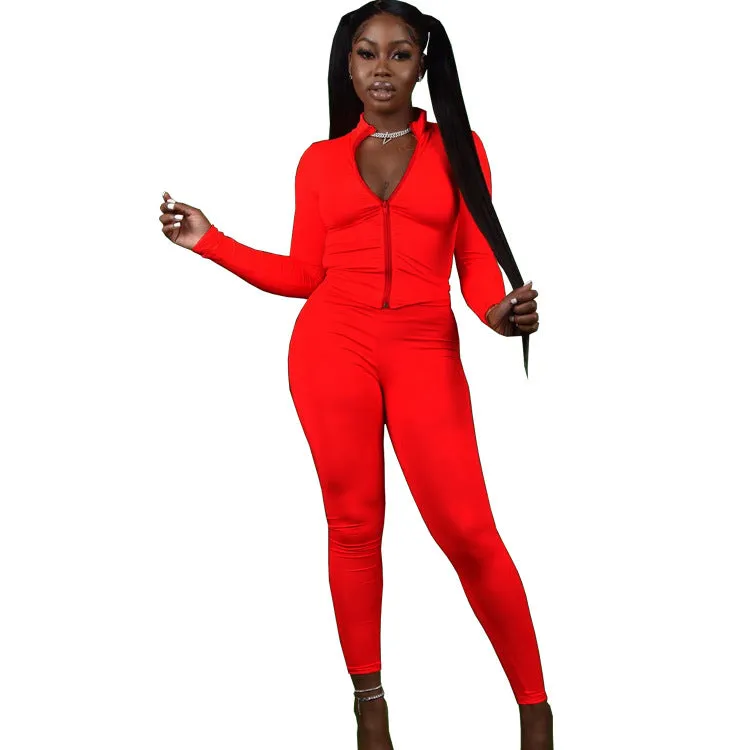 Sleek Zipper Front Long Sleeve Two-Piece Sports Set