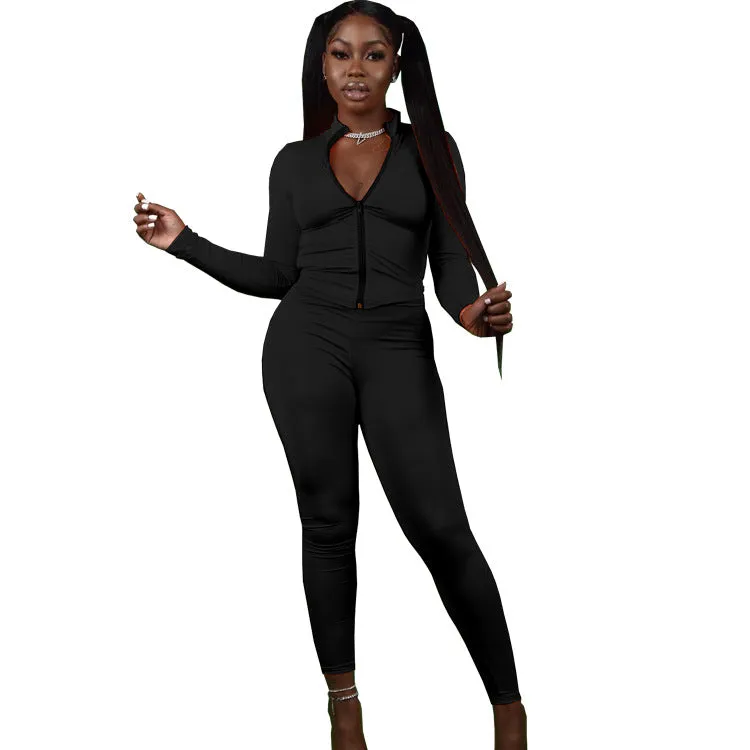 Sleek Zipper Front Long Sleeve Two-Piece Sports Set