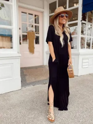 Solid Relaxed Maxi Dress: Black