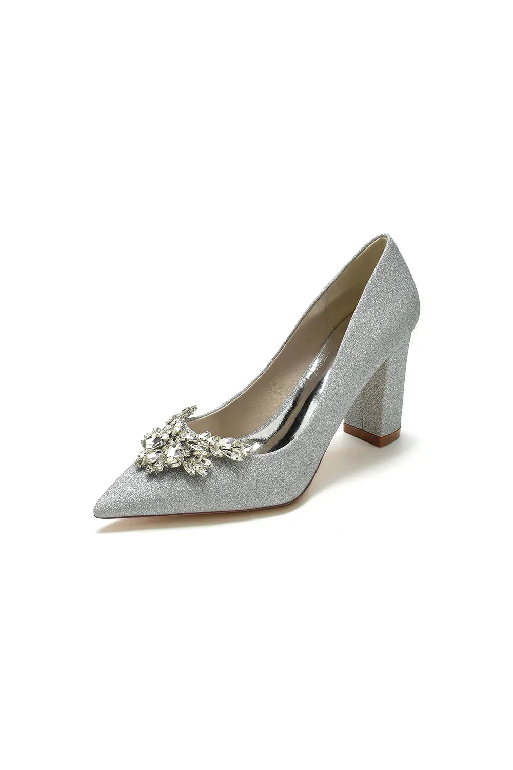 Sparkle Pointed Toe Glitter Chunky Heels With Rhinestone