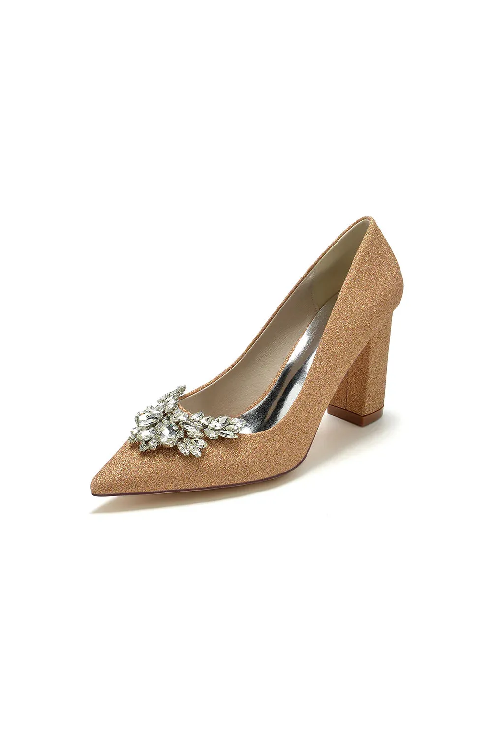Sparkle Pointed Toe Glitter Chunky Heels With Rhinestone
