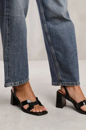 STYLITE STRAPPY SANDALS WITH BLOCK HEEL IN BLACK CROCO PATENT