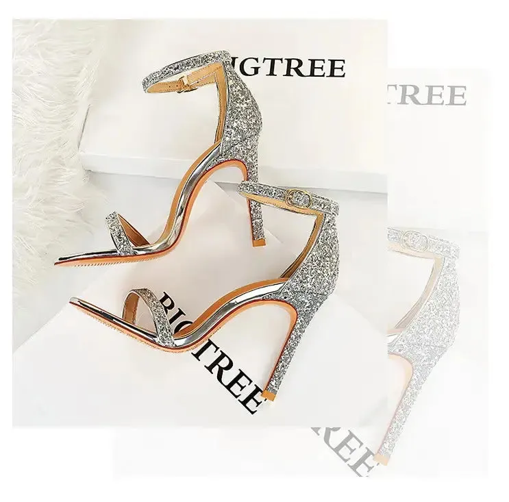 Summer Luxury Bling Sequined open-toe sandals T-strap Hollow Out High Heels Sandals Ladies Party Nightclub Sandal