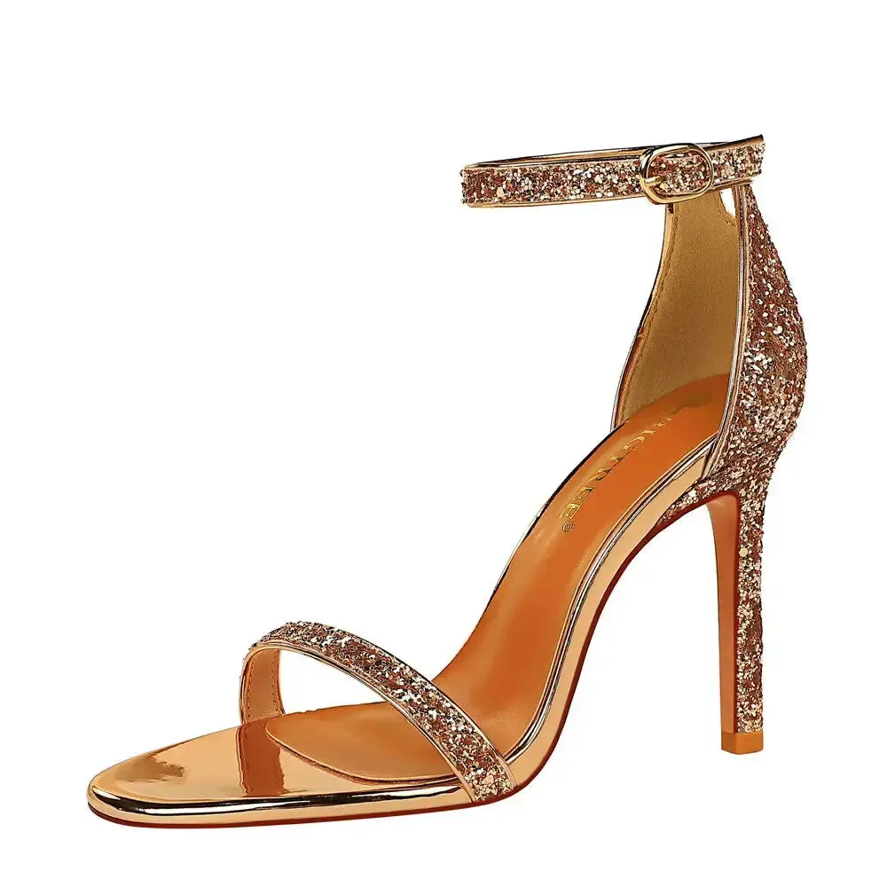 Summer Luxury Bling Sequined open-toe sandals T-strap Hollow Out High Heels Sandals Ladies Party Nightclub Sandal