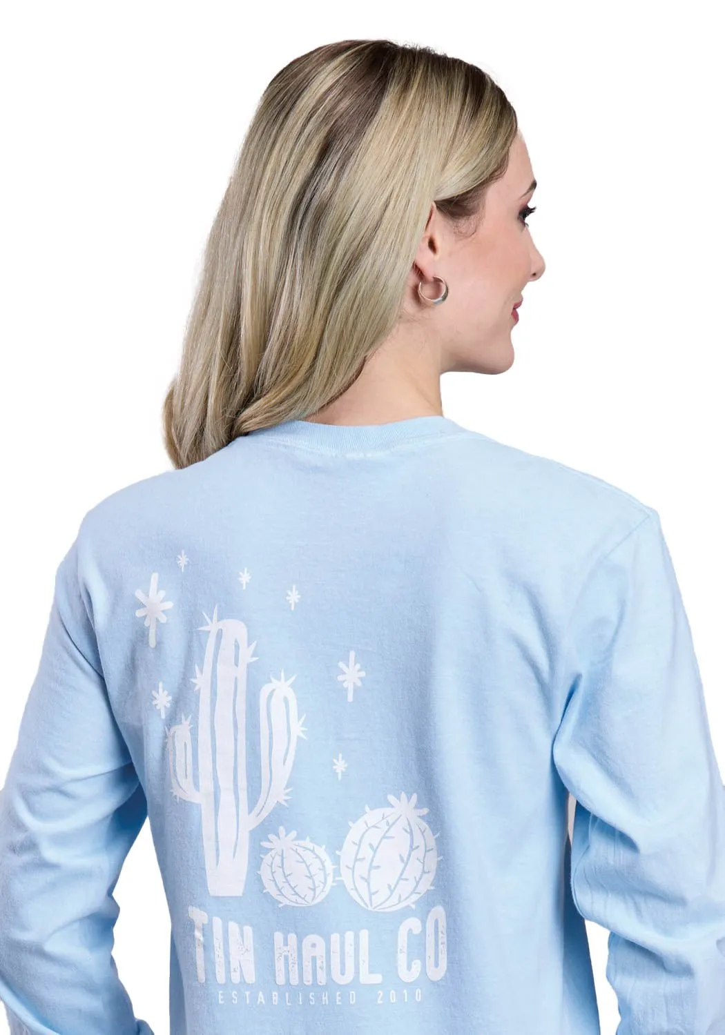 Tin Haul Womens Cactus And Stars Light Blue 100% Cotton L/S T-Shirt