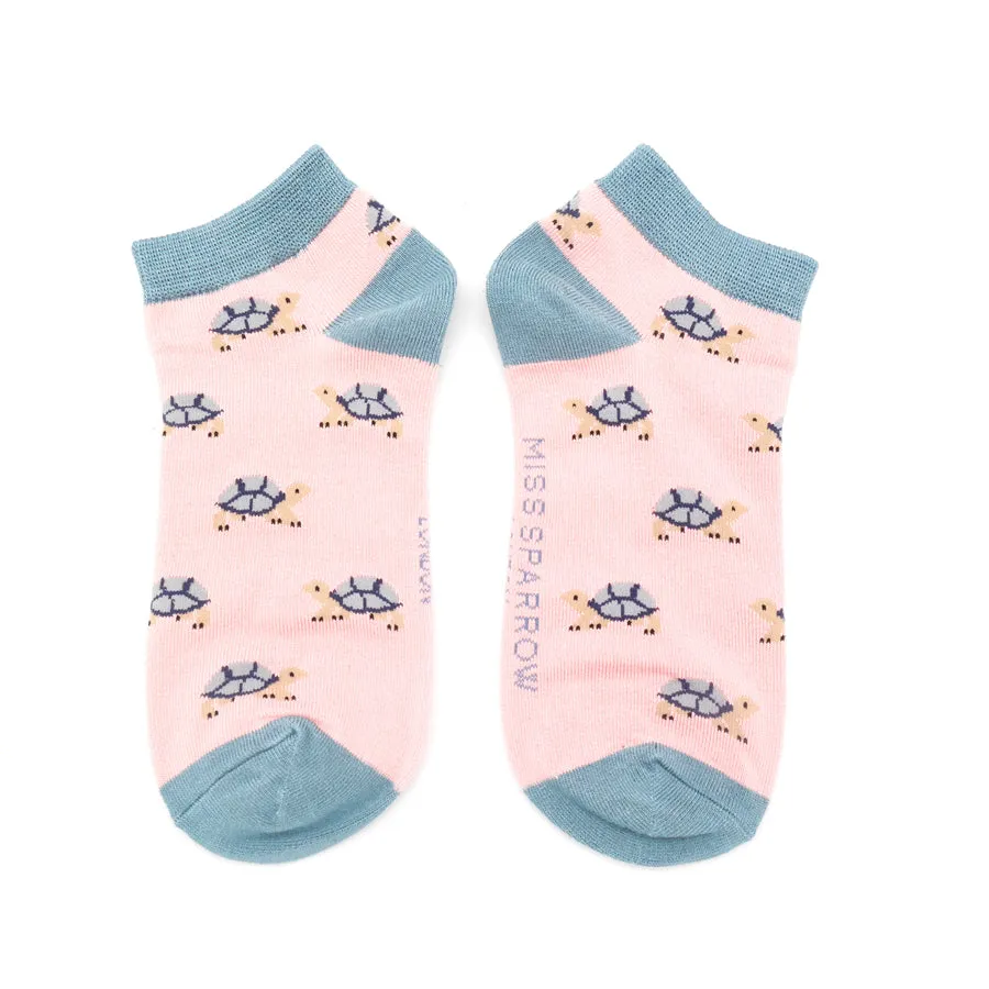 Turtles Bamboo Trainer Socks in Pink by Miss Sparrow, Size UK 4-7