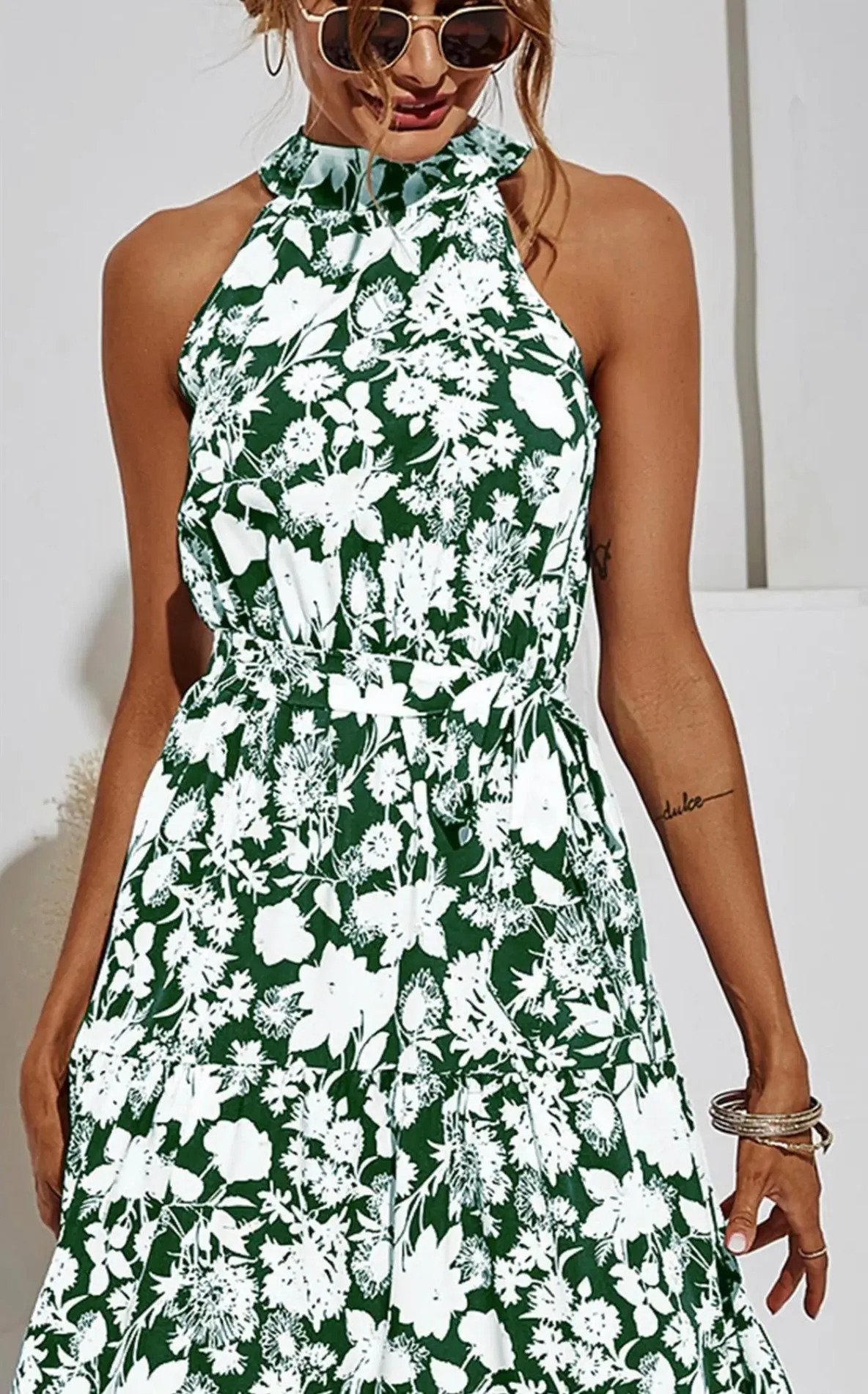 Women's FS Collection Halter Neck Maxi Layer Dress in Green with White Floral with Print