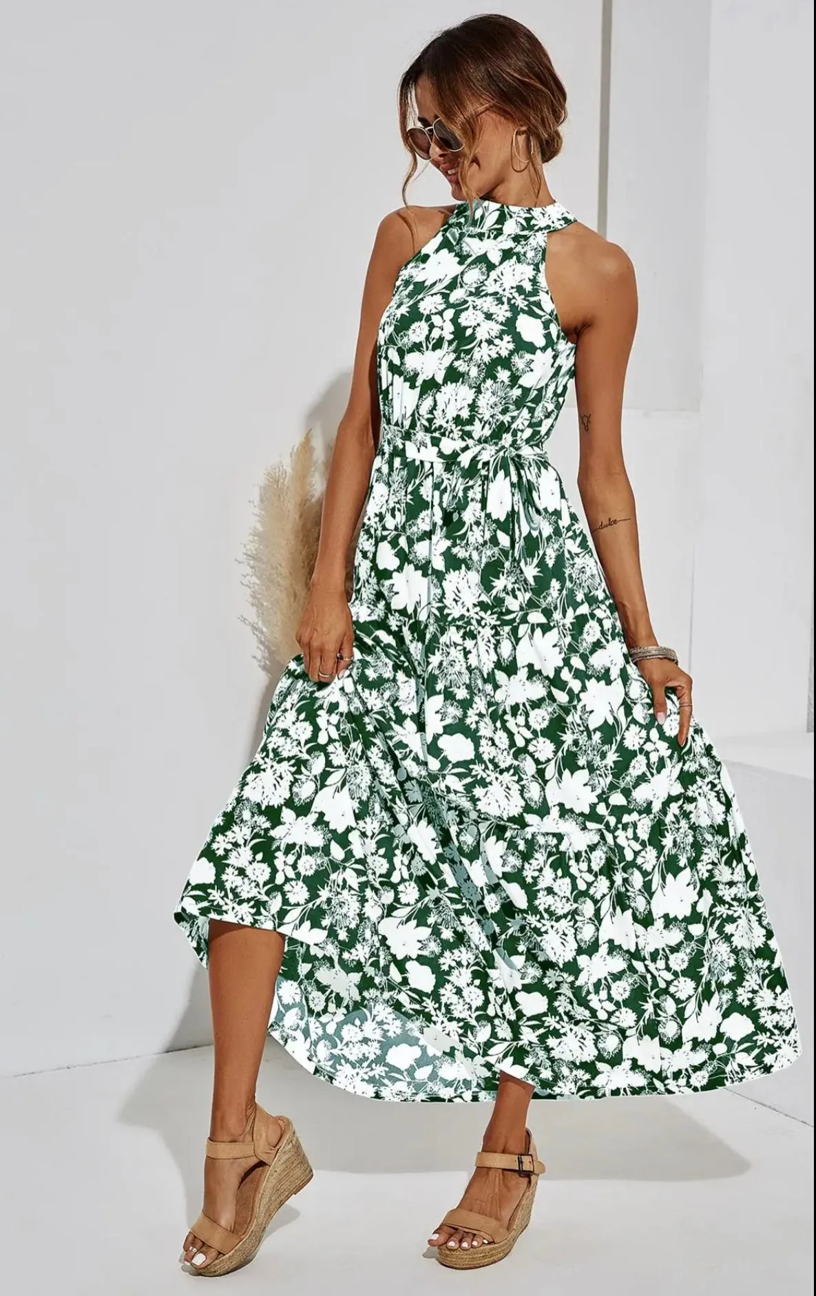 Women's FS Collection Halter Neck Maxi Layer Dress in Green with White Floral with Print