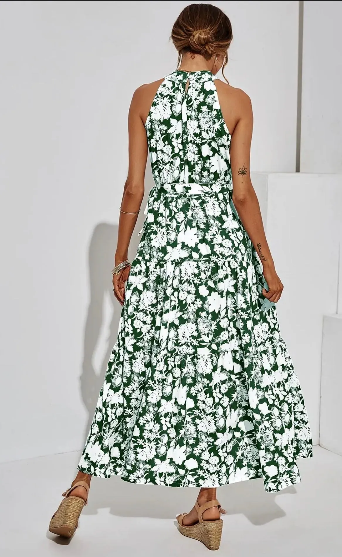 Women's FS Collection Halter Neck Maxi Layer Dress in Green with White Floral with Print