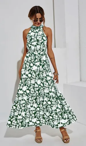 Women's FS Collection Halter Neck Maxi Layer Dress in Green with White Floral with Print